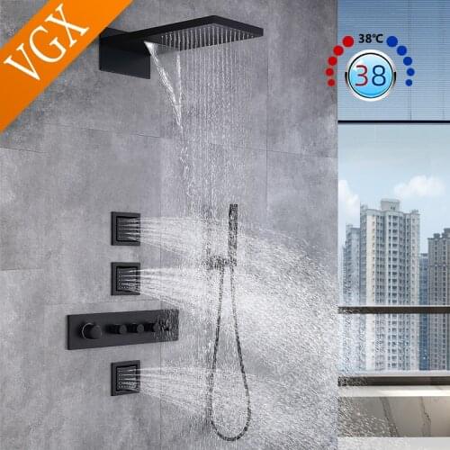 VGX Concealed Bathroom Thermostatic Shower Set , Waterfall Rain Wall Mounted Top Spray Head Side Jet Brass Matt Black S1006B