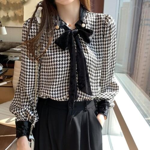 2021 Houndstooth Shirt Women Vintage Spring Autumn Long Sleeve Tie Bow Blouse Plus Size Tops Patchwork Blouses chemise femme