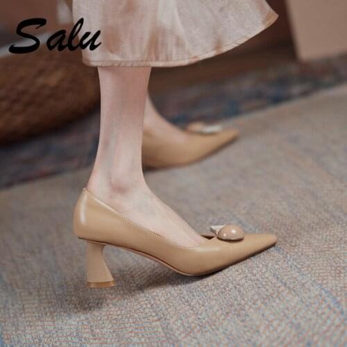 Salu 2021 Pumps Women Mules Hot Sale Genuine Leather High Heels Sandals for Girls Summer Newest Office Lady Party Shoes Woman