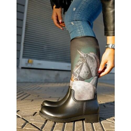 Womens winter autumn new season fashion boots waterproof PVC Materyale black Layd shoes Raund toe stretch fabric hourse