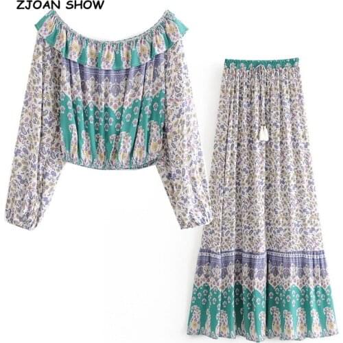2020 Holiday Ruffle Elastic Slash neck Floral Print Pullover Shirt Women Elastic Waist Maxi Long Skirt Green BOHO 2 Pieces Set