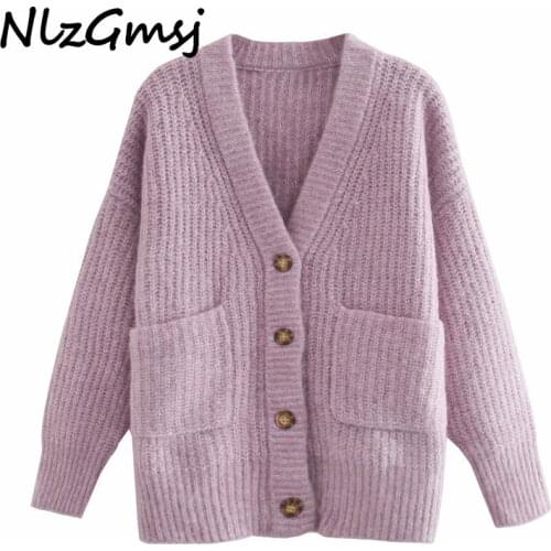 Nlzgmsj Za Women Fashion With Pockets Loose Knitted Cardigan Sweater Vintage Long Sleeve Button-up Female Outerwear Chic Tops