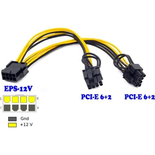 10pcs/lot EPS CPU 12V 8 Pin to Dual 8 Pin(6+2) Graphics Card PCI Express Power Extension Cable Adapter Cable Mining Card 20cm