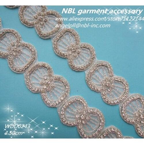 10 yards) Wholesale bridal applique rhinestone beaded trim iron on for wedding dress sash DIY WDD0243