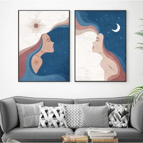 Abstract Sun Moon Boho Canvas Painting Poster Print Minimalist Blue Woman Wall Art Nordic Picture Living Room Home Decor Cuadros