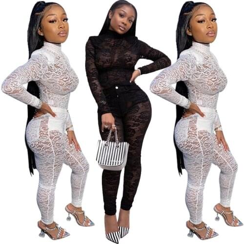 Adogirl Charming Sexy See Through Lace Two-piece Nightclub Set Turtleneck Full Sleeve Top Pants Suit Casual Tracksuits Jumpsuit