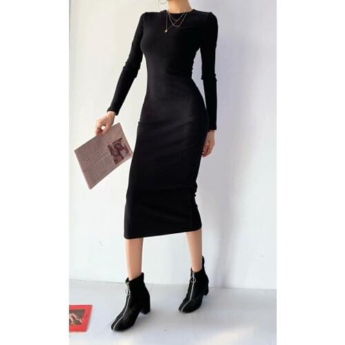 Basic round neck tight-fitting bag hip long-sleeved dress American niche winter retro solid color long base skirt