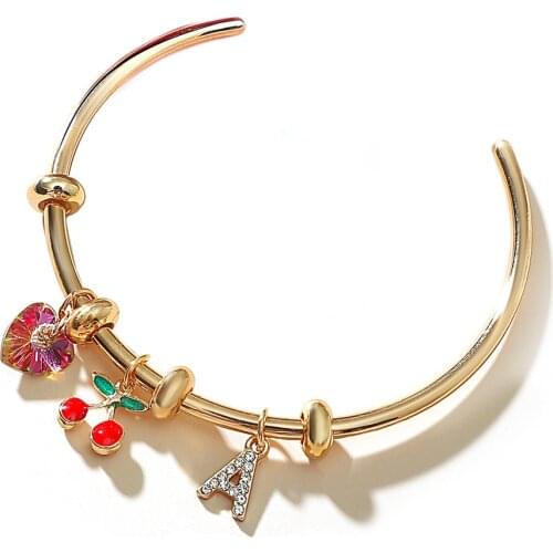 Heart Charm Bracelet Letter A M Butterfly Dangle Charms Birthday Gift Gold Color Open Wire Bangle Drop Shipping