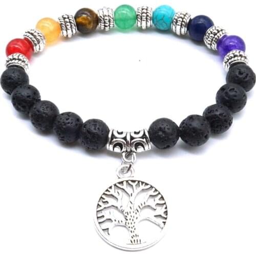 Tree of Life 7 Chakras Bracelet 8mm Lava Stone Beads DIY Arom Essential Oil Diffuser Bracelet Yoga Strand Jewelry Women Men