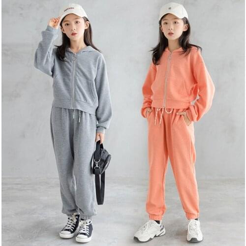 Teenage girls fall sets kids causal hooded top and pants 2 pcs suits wholesale