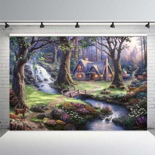 Forest Cabin Backdrop Fairytale Fairy Creek Deer Elf Princess Fairy Cottage Baby Shower Photography Backdrop