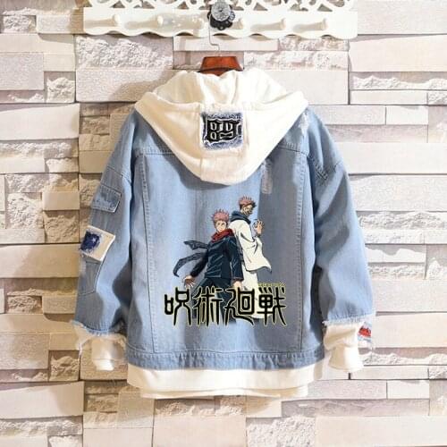 Jujutsu Kaisen Yuji Itadori Gojo Satoru Cosplay Jeans Jacket Teens Women/Men Spring Cartoon Printing Denim Hooded Coat C65M195