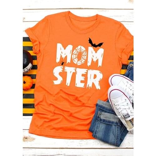 Halloween Momster Bat T-Shirt Tee Orange T Shirts For Women 2020 Summer New Casual Top Tees Female Clothing Letter Print Tees