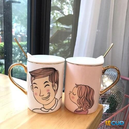 New Creative Couple Cute Ceramic Personality Mug With Spoon Milk Coffee Cup Couple Cup For Girlfriend Valentines Day Gift