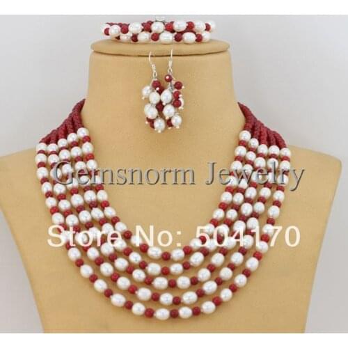 Handmade Freshwater Pearl Jewelry Set Fashion New Pearl/Coral Beads Necklace Bracelet Earrings Set FP117