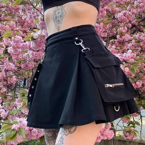 Women Mini Skirt Girls High Waist Gothic Punk Stree Style Belt Irregular Pleated A-line Skirt Tooling Waist Chain Zipper Pockets