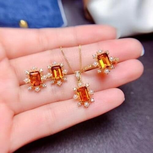Fashion Gemstone Jewelry Set for Daily Wear 5mm*7mm Emerald Cut Natural Citrine 925 Silver Citrine Ring Earrings Pendant Set