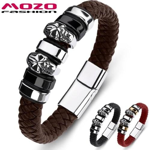 MOZO FASHION 2021 Charm Skeleton Wholesale Men Bracelet Stainless Steel Genuine Leather Braided Trendy Unisex Jewelry Gifts 101