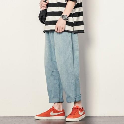 2021 Spring Summer Men Korean Fashions Cowboy Blue Jeans Harem Pants Wide Leg Pants Mens Streetwear Denim Trousers