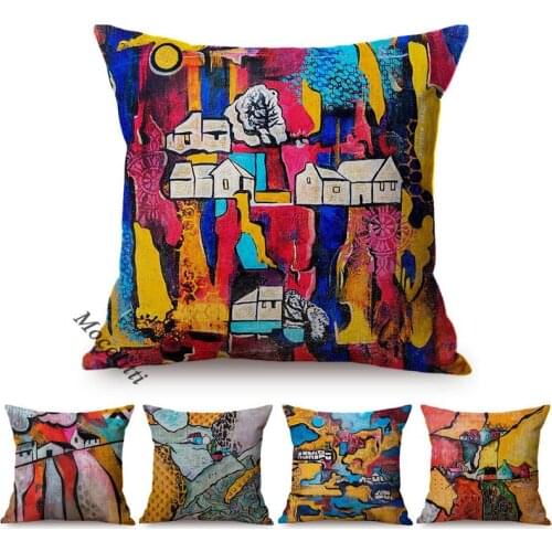 Nordic Rural Colorful Oil Painting Art Decorative Sofa Pillow Case Village Building Landscape Harmony Decoration Cushion Cover