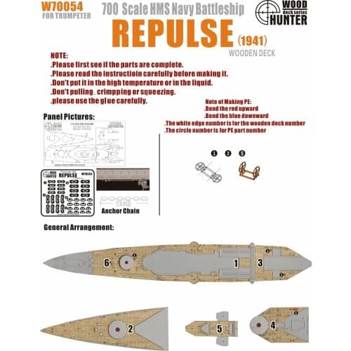 Hunter W70054 1/700 Wood deck HMS BATTLESHIP REPULSE 1941 FOR TRUMPETER