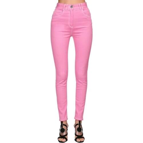 EXCELLENT QUALITY Newest 2020 Designer Jeans Womens Top Stitching Contrast Pink Skinny Denim Jeans Pants