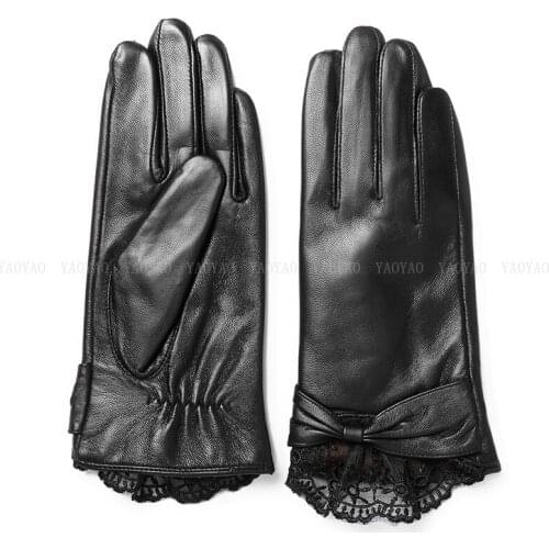 YY5306 Lady Autumn/Winter Real leather Gloves Women Lace Bowknot Thicken Plush Lined Warm Mittens Female Driving/Cycling Luvas