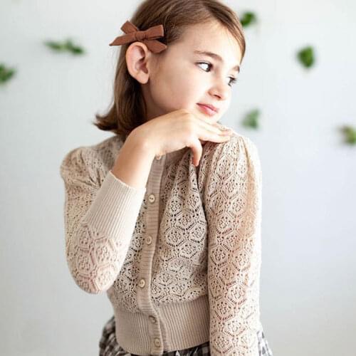 Girls' Hollow Knitted Cardigan Combed Cotton Childrens Shirt Puff Sleeve Thin Coat Summer