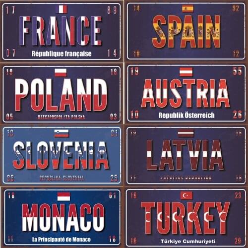 Europe Countries Name & Flag License Plate Poster Vintage Home Decor Retro Metal Tin Signs Pub Car Garage Wall Art Decoration