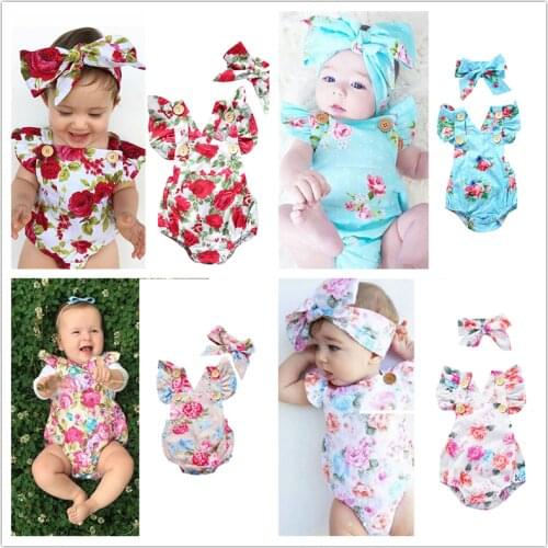 HOOYI Chiffon Girls Summer Bodysuits Flower Headbands Infant Rompers Bow Jumpsuit Baby Clothes Childrens Clothing Newborn