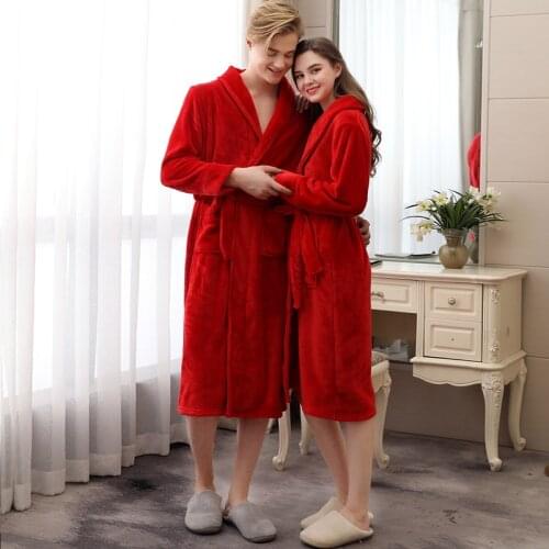 Thicken Warm Couple Style Flannel Robe Winter Long Sleeve Bathrobe Women Men Wedding Nightgown Red Pajamas Sleepwear Homewear