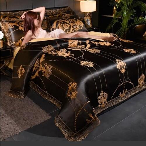 Spring and Summer European High-end Tribute Satin Jacquard Four-piece Naked Sleeping Bedding Sheets Quilt Cover Double Lace Edge