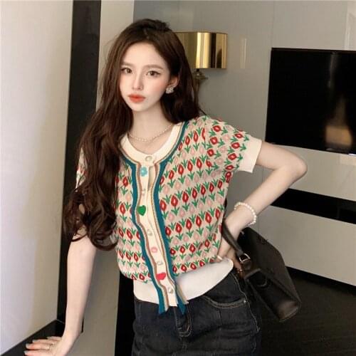 Korean Jacquard Knit Cardigan Pearl Crochet Floral Thin Women Sweater Top Summer New Contrast Color Single Breasted Knitted Tops