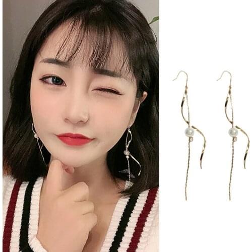 Pearl super long tassel clip on earrings for cute women temperament Korea trendy statement charm pearl clip on earrings kids