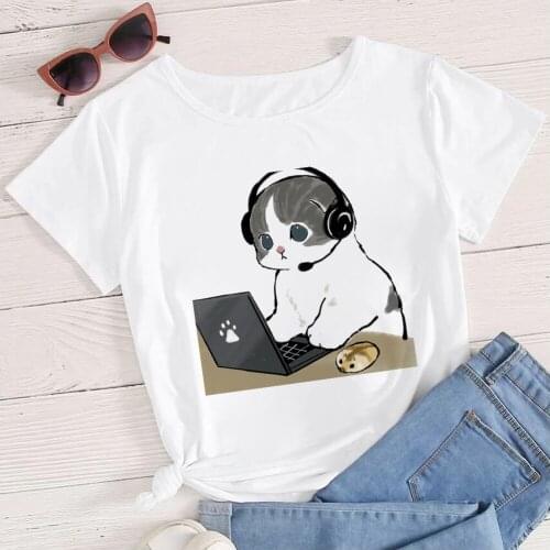 Game-loving Creative Cat Printed Cartoon Women White Clothing Loose Summer Short Sleeve Casual Hipster T Shirt Camiseta Mujer