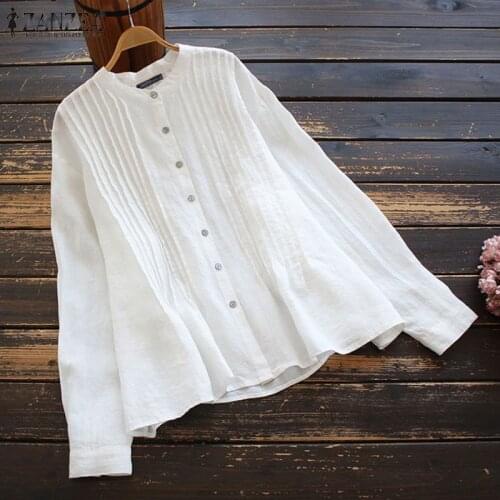 Women Casual Button Pleated Shirts Plus Size Solid Long Sleeve Blouse Loose O Neck Cotton Tops Female Tunic Blusas Work Chemise