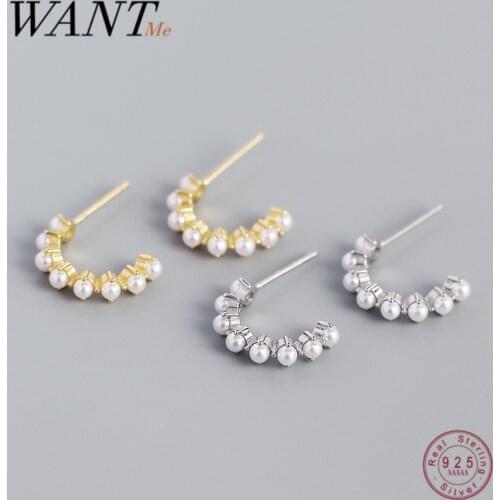 WANTME 925 Sterling Silver Simple Bohemian Pearl Stud Earrings for Fashion Women Goth Hip Hop Piercing Hoop European Jewelry