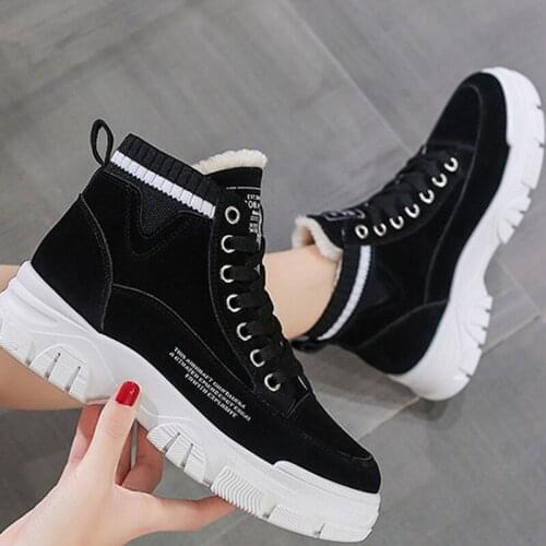 New Winter Women Short Boots Moccasins Shoes Warm Plush Lace up Women Sneakers Shoes Ladies Thick Bottom High Toe Vogue Female