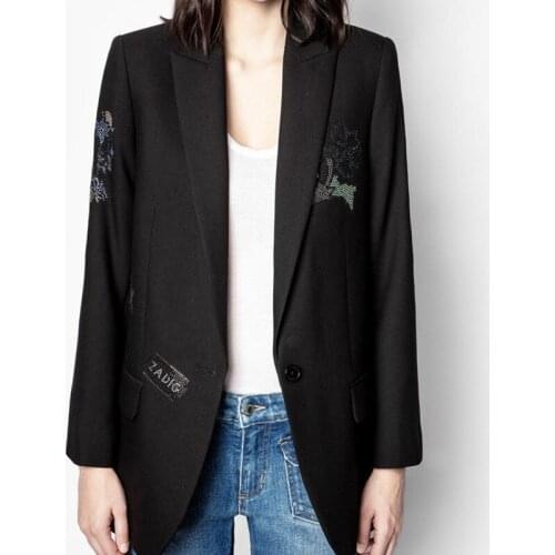 Womens Single Button Blazer Coat Colorful Rhinestones Rose Letter Ladies Office Wear Jacket Outwear Tops Early Autumn