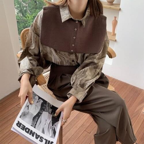 2021 New Fashion Retro Women Inkjet Art Two-piece Shirt + High Waist Slim Pants Spring and Autumn Suit Button Office Lady