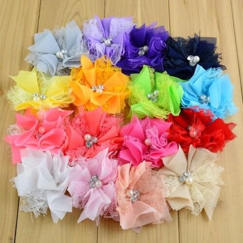10pcs/lot 3.4" 16colors Hair Clips Chiffon Flower+Rhinestones Pearls For Kids Hair Accessories Lace Fabric Flowers For Headbands