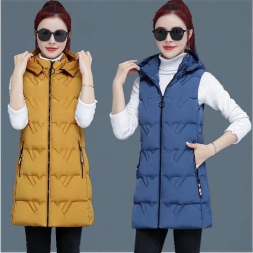 2021 New Winter Women Jacket Parkas Long Hooded Warm Vest Coat Sleeveless Jackets Female Cotton Padded Parka Outerwear Plus Size