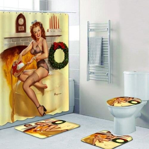 4PCS American Girl Shower Curtain 3D Printed Sexy Woman Bathroom Curtains Hook Polyester Home Decoration Washable Mildew proof