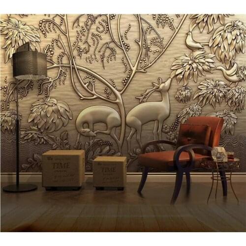 Wellyu Customized large wallpaper mural 3d European обои three-dimensional golden relief forest elk bird background wall paper