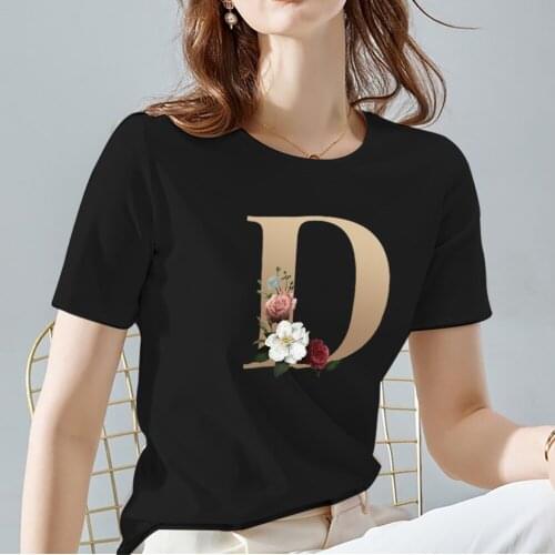 Black All-match Women Tshirts Gold English Alphabet Pattern Series Female Tops Classic O-neck Ladies Commuter Short Sleeve Tee