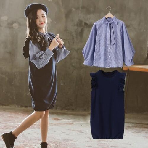 Children Clothing Korean Style Plaid Shirt Skirt Girls Two-Piece Set Spring Autumn Girls Outfits Age 4 5 6 7 11 12 14 Years Old