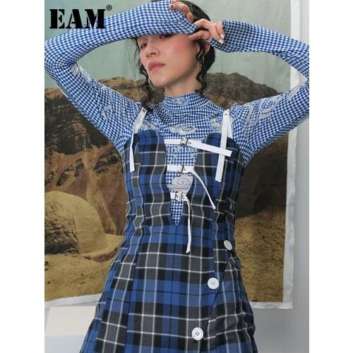 [EAM] Women Blue Plaid Bandage Long Spaghetti Strap Dress New Sleeveless Loose Fit Fashion Tide Spring Summer 2021 WF22505
