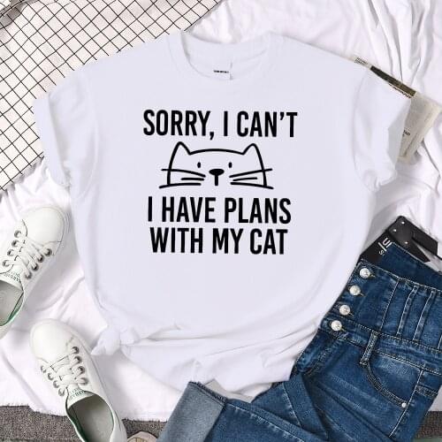 Sorry ,I Can'T I Have Plans With My Cat Print Tshirt Womens Harajuku Loose Top Retro Crewneck T Shirt Soft Vintage Woman Tshirts