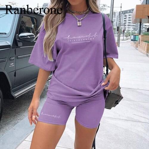 Ranberone Two Pieces Set Summer Letter Casual Top + Shorts Sports Suit Women Tracksuit Gym Clothes Fitness Sportswear 2021