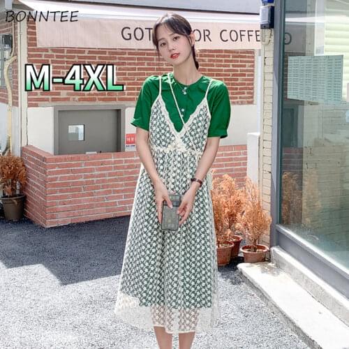 Dresses Sets Women Lace Vintage French Style Oversize M-4XL Folds Tender Ladies Floral Casual Chic All-match Ins O-neck Design